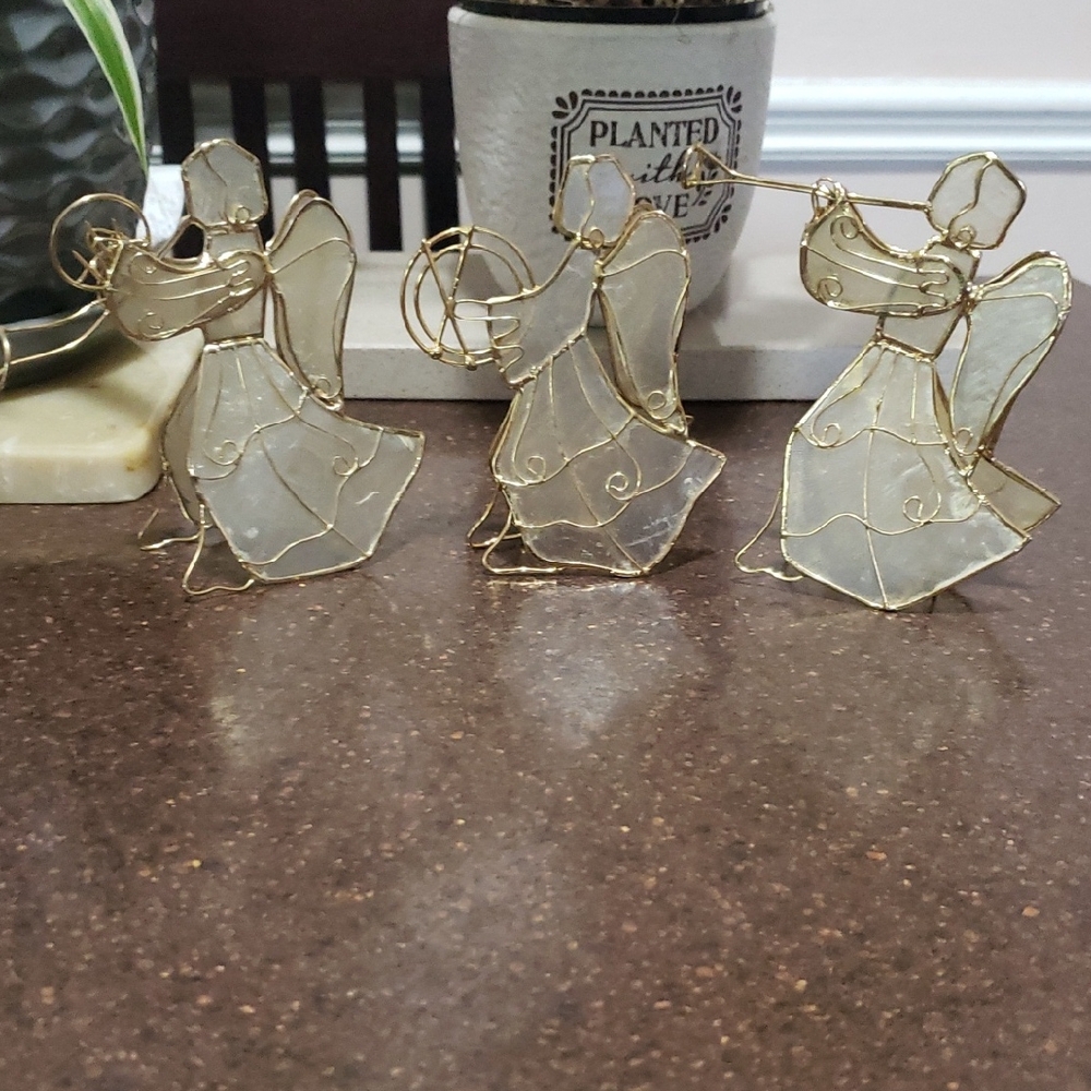 3 x Capiz Shell Gold Tone Musical Angels, Trumpet, Teombone, Drums.
